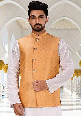 Peach Woven Cotton Slub Nehru Jacket For Men