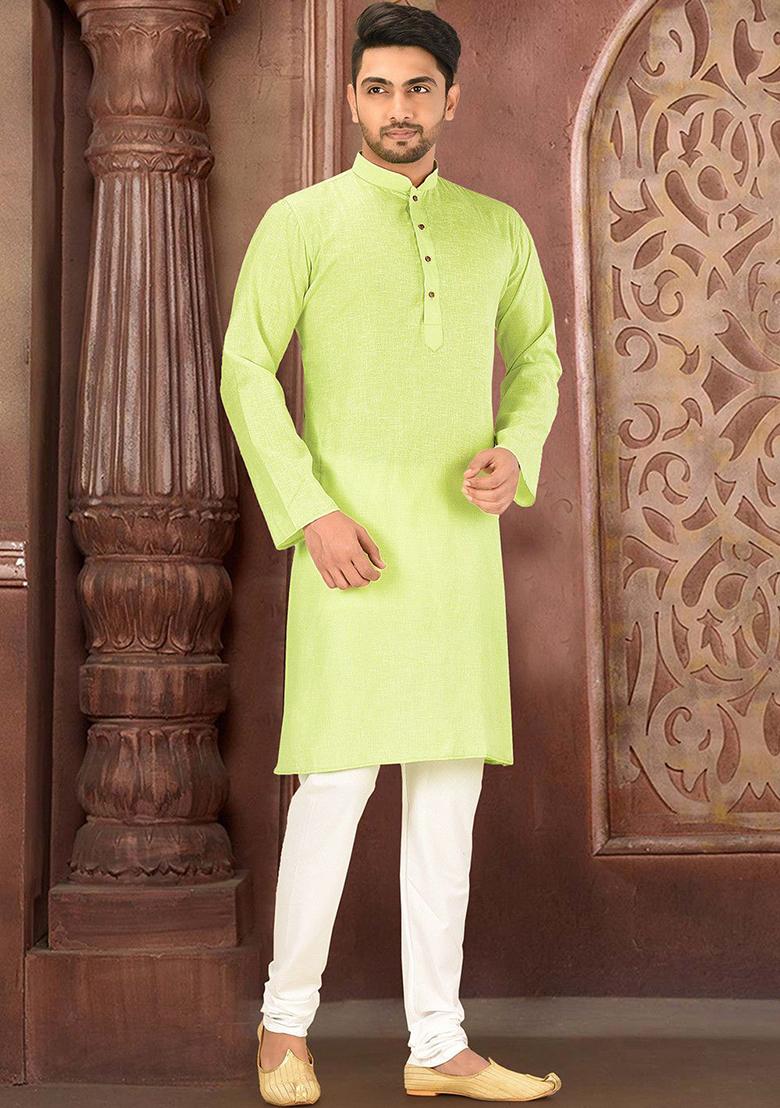 Green Solid Slub Cotton Kurta Pyjama Set For Men