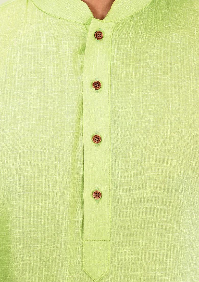 Green Solid Slub Cotton Kurta Pyjama Set For Men