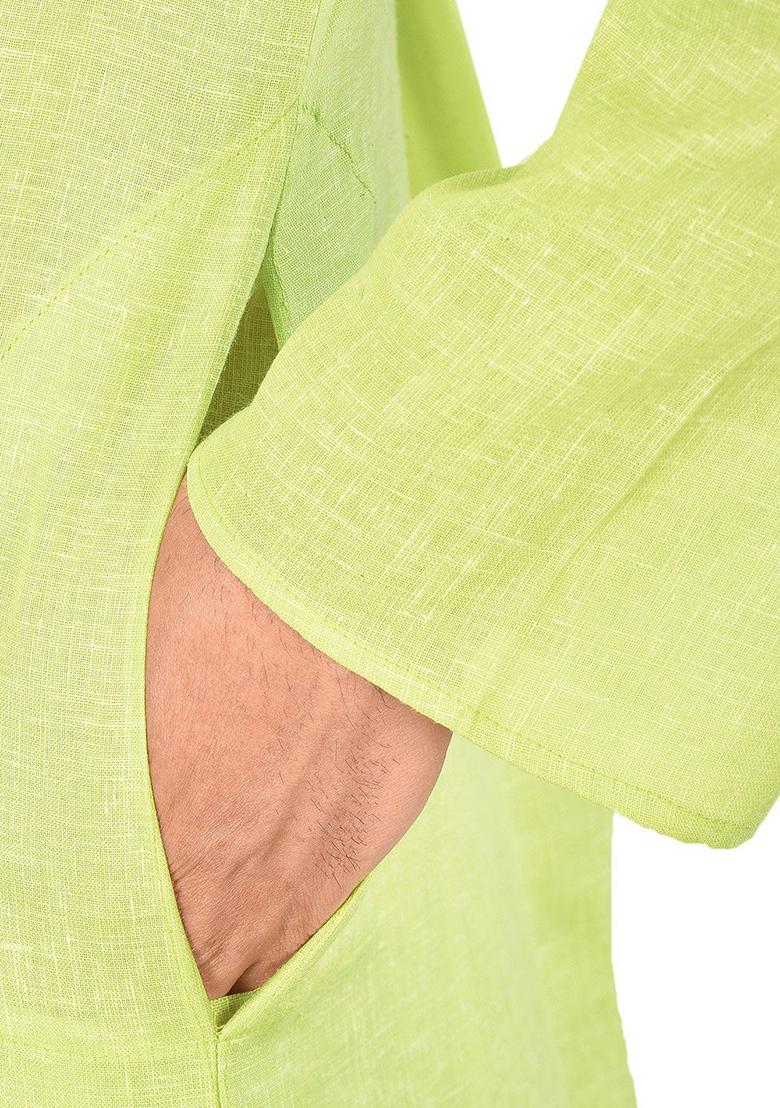 Green Solid Slub Cotton Kurta Pyjama Set For Men