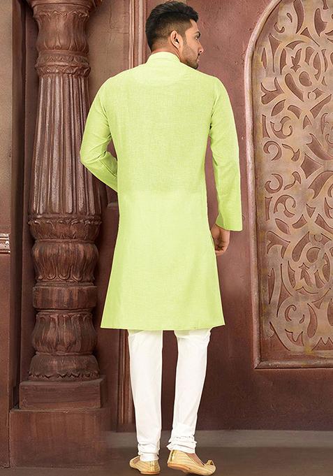Green Solid Slub Cotton Kurta Pyjama Set For Men
