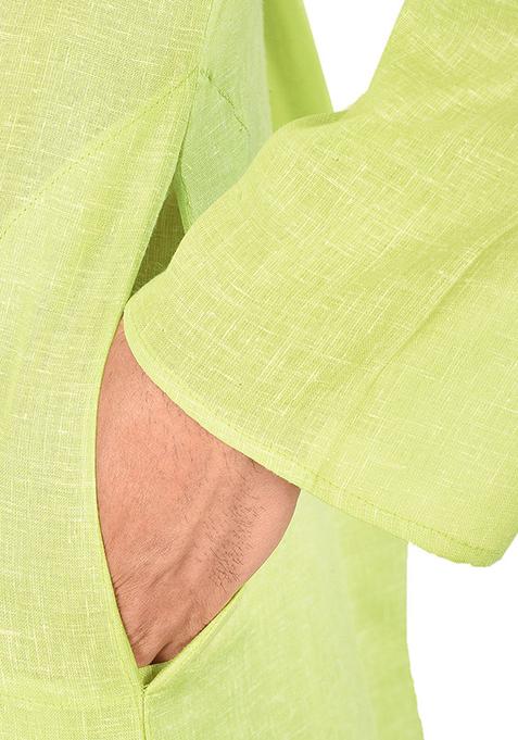 Green Solid Slub Cotton Kurta Pyjama Set For Men