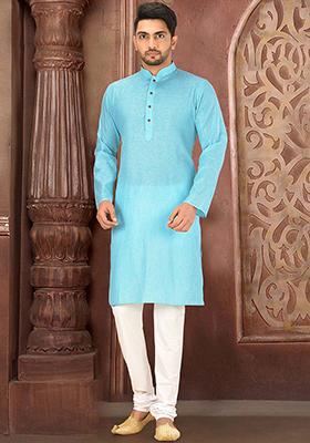 Blue Solid Slub Cotton Kurta Pyjama Set For Men