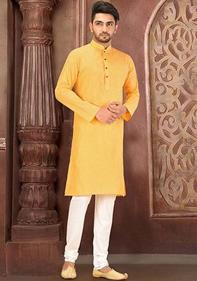 Yellow Solid Slub Cotton Kurta Pyjama Set For Men