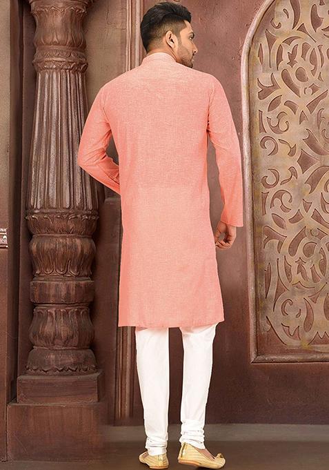 Pink Solid Slub Cotton Kurta Pyjama Set For Men