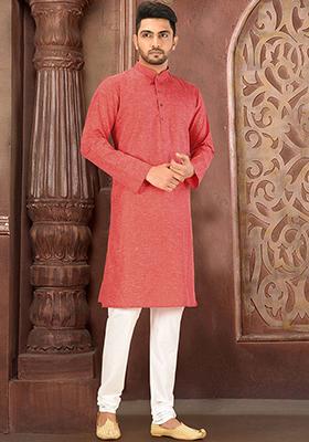 Red Solid Slub Cotton Kurta Pyjama Set For Men