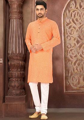 Orange Solid Slub Cotton Kurta Pyjama Set For Men