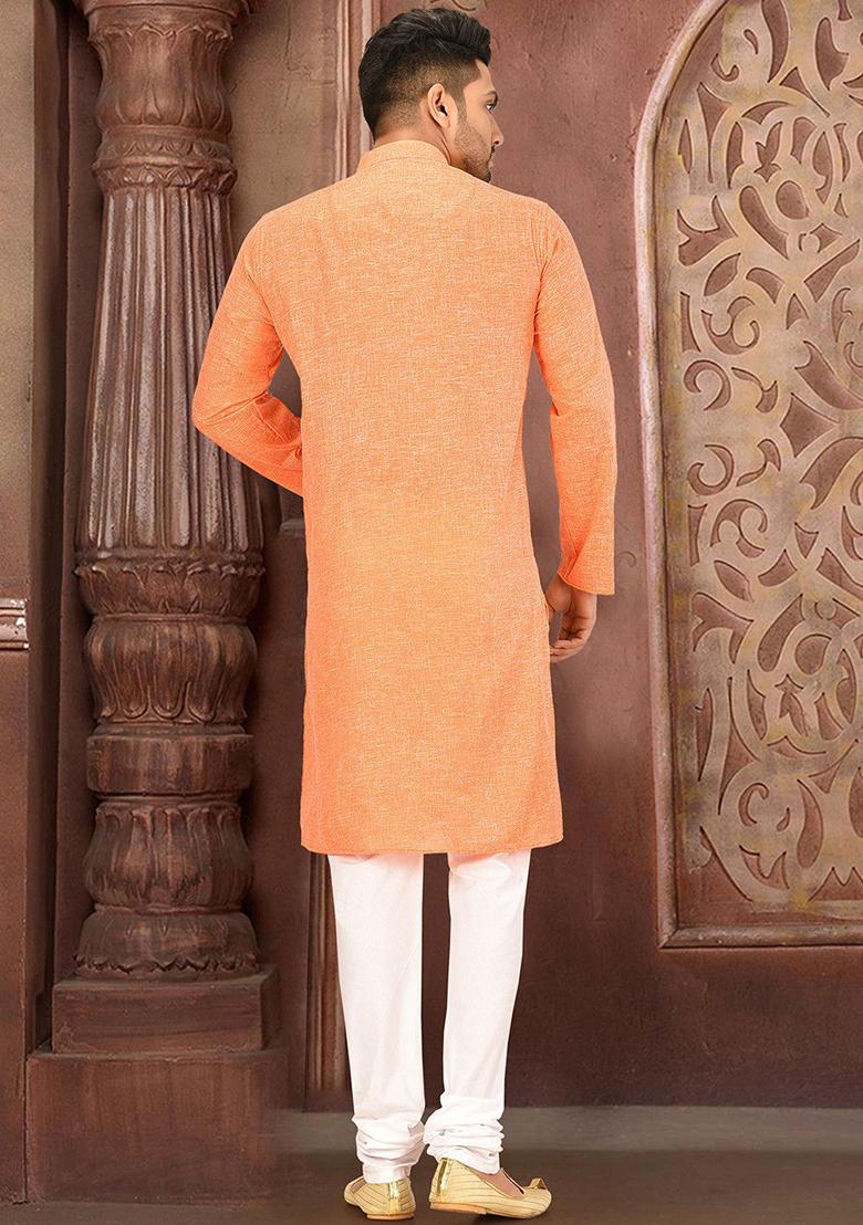 Orange Solid Slub Cotton Kurta Pyjama Set For Men