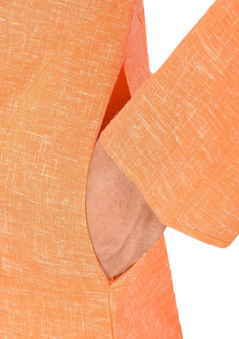Orange Solid Slub Cotton Kurta Pyjama Set For Men