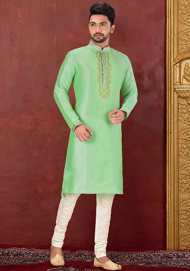Green Resham Work Royal Silk Mulberry Kurta Pyjama Set For Men