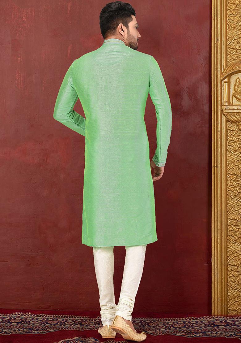 Green Resham Work Royal Silk Mulberry Kurta Pyjama Set For Men