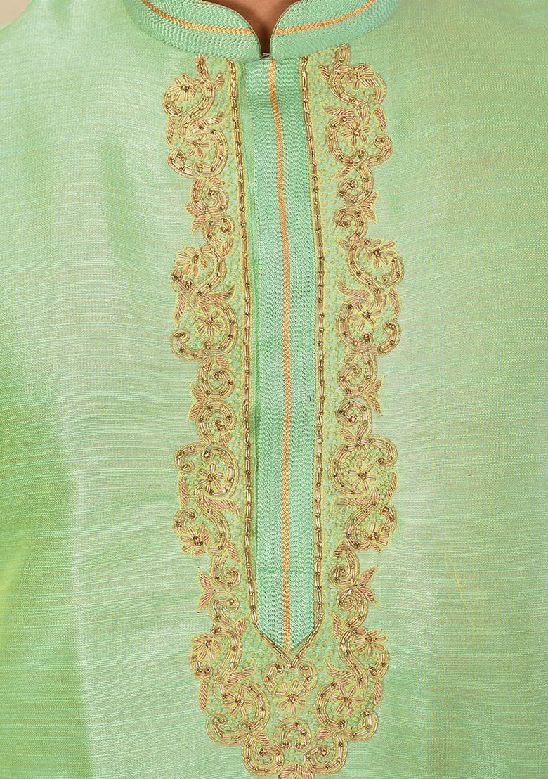 Green Resham Work Royal Silk Mulberry Kurta Pyjama Set For Men