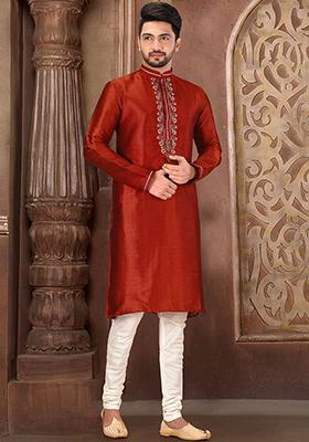 Red Resham Work Royal Silk Mulberry Kurta Pyjama Set For Men