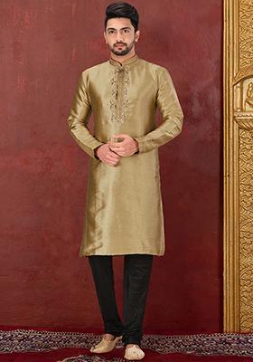 Brown Resham Work Royal Silk Mulberry Kurta Pyjama Set For Men