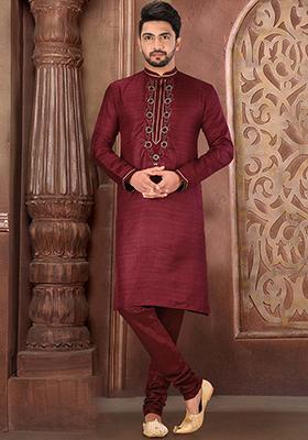 Brown Resham Work Royal Silk Mulberry Kurta Pyjama Set For Men