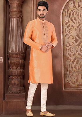 Peach Resham Work Royal Silk Mulberry Kurta Pyjama Set For Men
