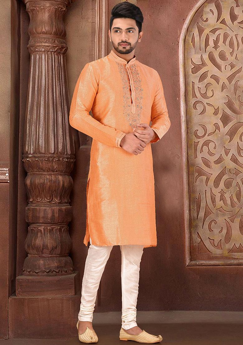 Peach Resham Work Royal Silk Mulberry Kurta Pyjama Set For Men