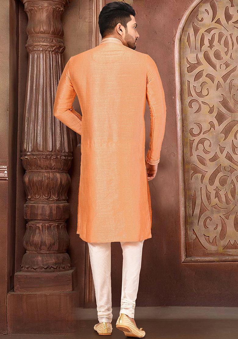 Peach Resham Work Royal Silk Mulberry Kurta Pyjama Set For Men