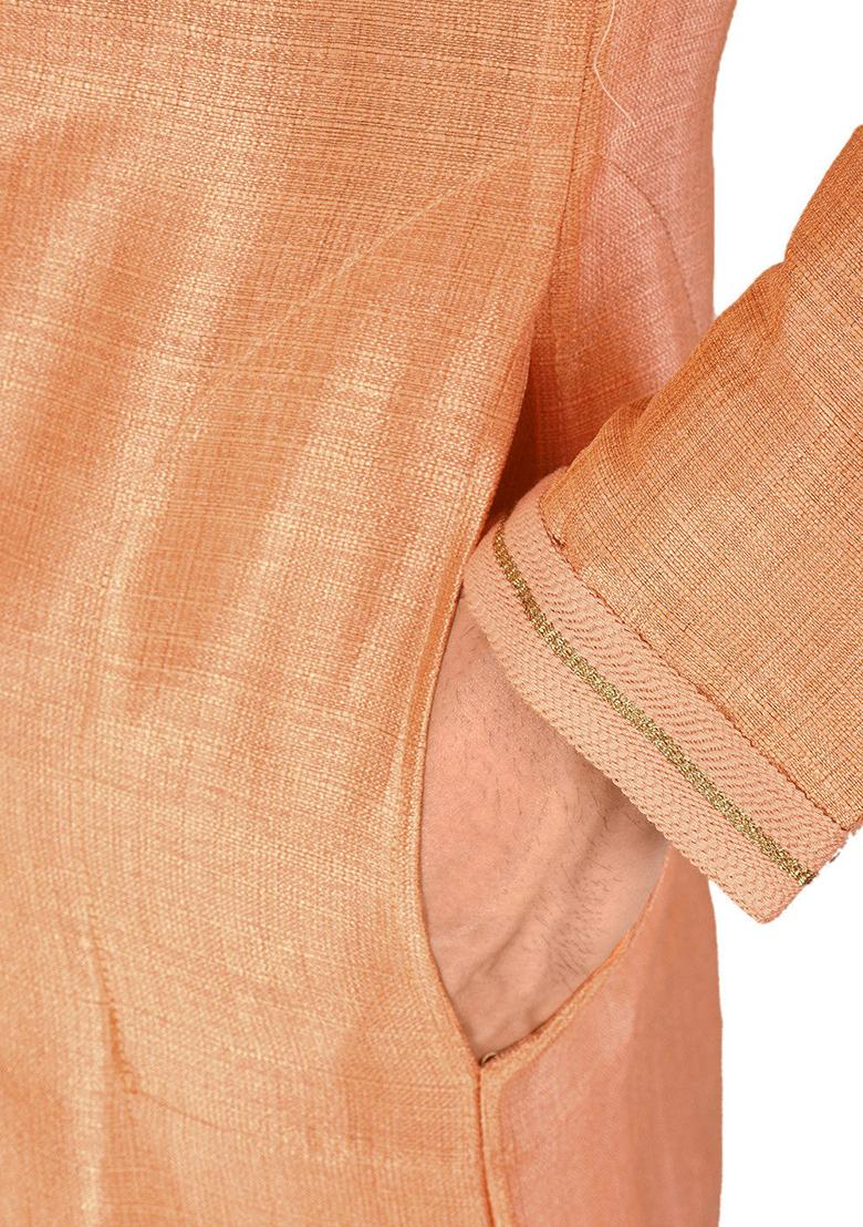 Peach Resham Work Royal Silk Mulberry Kurta Pyjama Set For Men