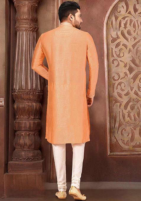 Peach Resham Work Royal Silk Mulberry Kurta Pyjama Set For Men