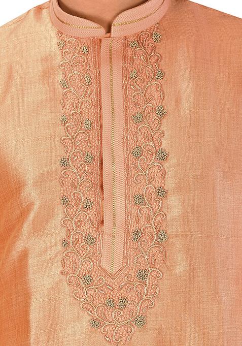 Peach Resham Work Royal Silk Mulberry Kurta Pyjama Set For Men