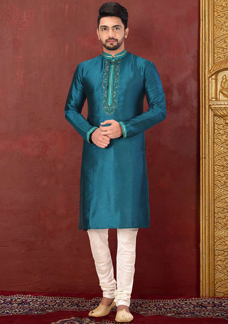 Teal Green Resham Work Royal Silk Mulberry Kurta Pyjama Set For Men - Indya