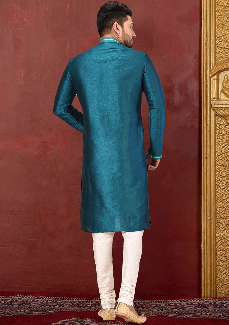 Teal Green Resham Work Royal Silk Mulberry Kurta Pyjama Set For Men - Indya