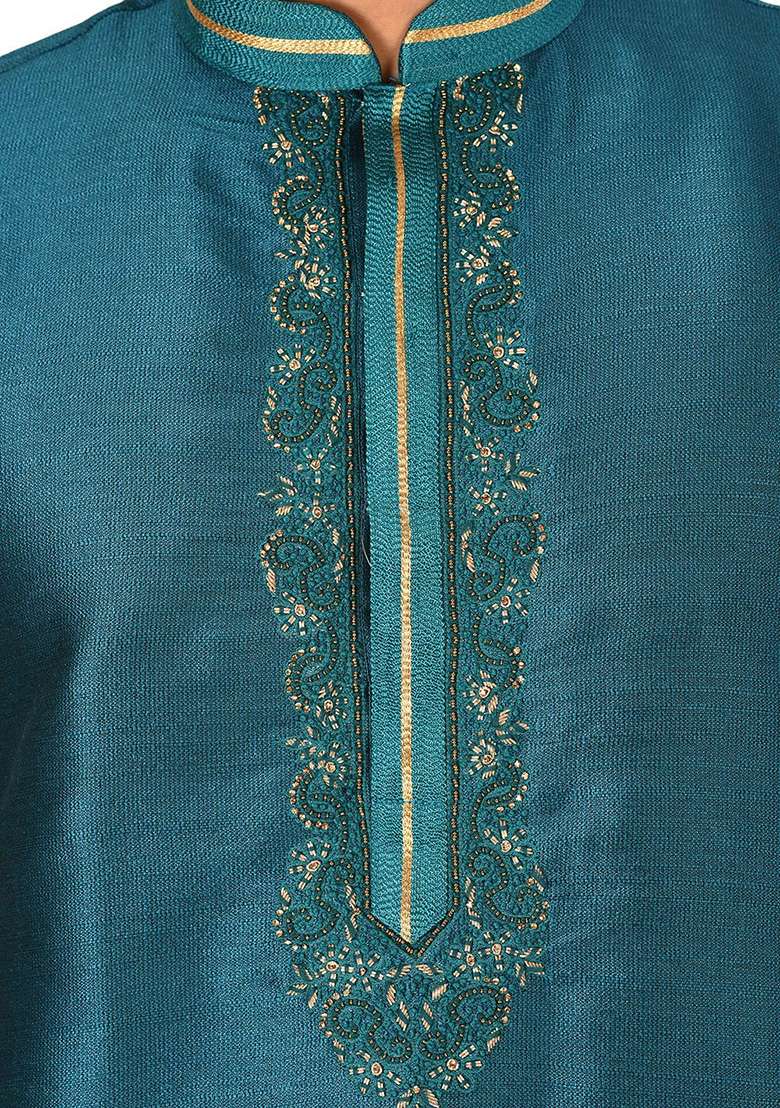 Teal Green Resham Work Royal Silk Mulberry Kurta Pyjama Set For Men - Indya