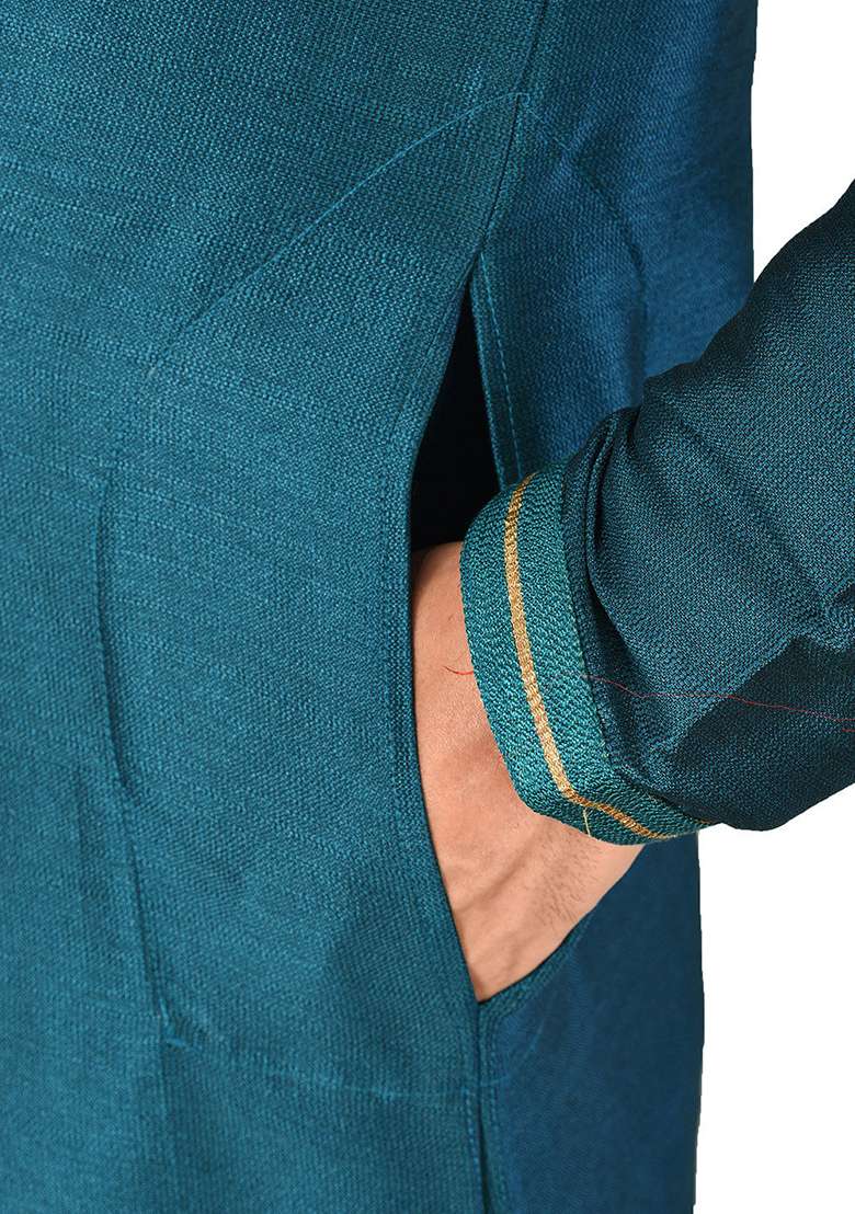 Teal Green Resham Work Royal Silk Mulberry Kurta Pyjama Set For Men - Indya