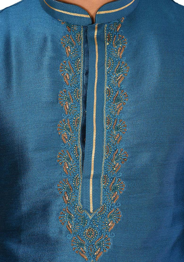 Blue Resham Work Royal Silk Mulberry Kurta Pyjama Set For Men