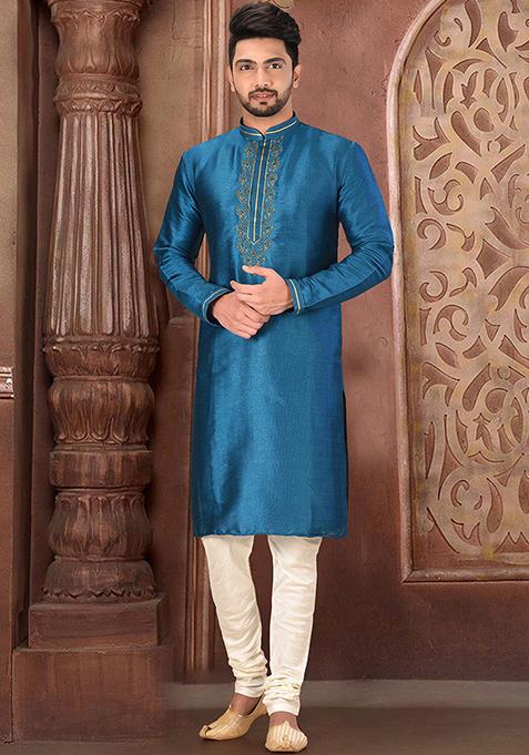 Blue Resham Work Royal Silk Mulberry Kurta Pyjama Set For Men