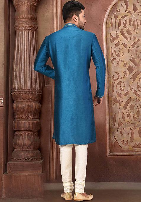 Blue Resham Work Royal Silk Mulberry Kurta Pyjama Set For Men
