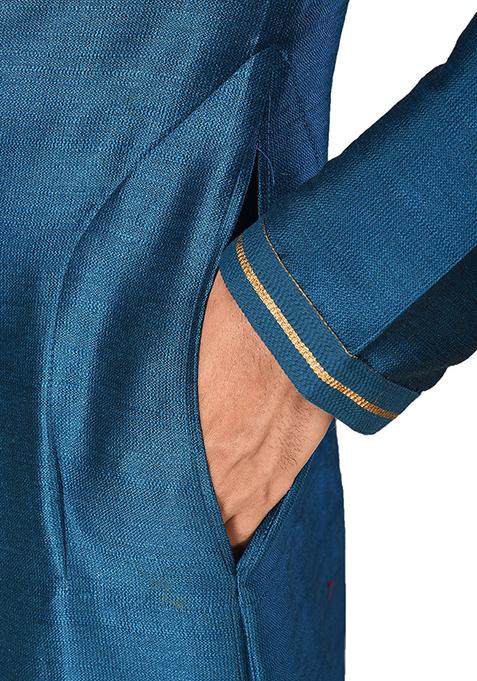 Blue Resham Work Royal Silk Mulberry Kurta Pyjama Set For Men