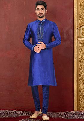 Royal Blue Resham Work Royal Silk Mulberry Kurta Pyjama Set For Men