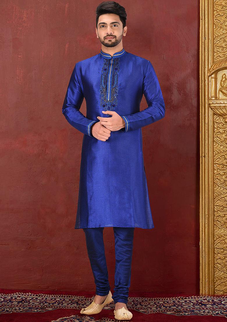 Royal Blue Resham Work Royal Silk Mulberry Kurta Pyjama Set For Men