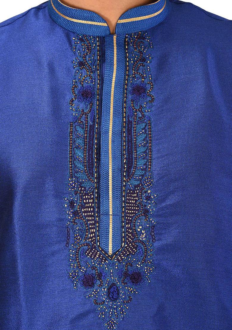 Royal Blue Resham Work Royal Silk Mulberry Kurta Pyjama Set For Men