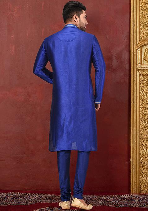 Royal Blue Resham Work Royal Silk Mulberry Kurta Pyjama Set For Men