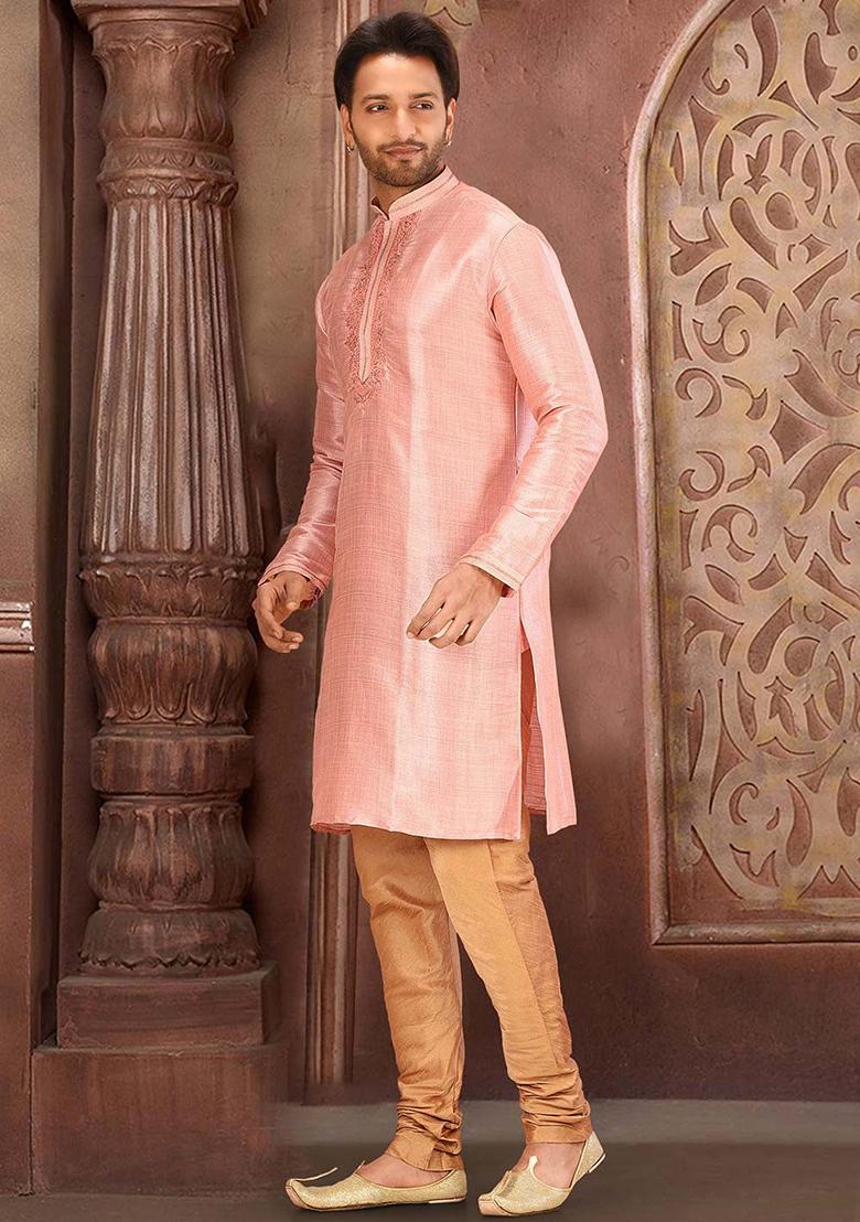 Peach Resham Work Royal Silk Mulberry Kurta Pyjama Set For Men