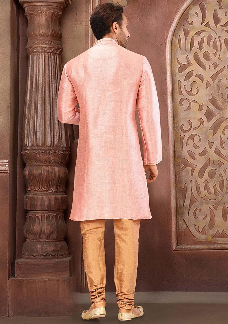 Peach Resham Work Royal Silk Mulberry Kurta Pyjama Set For Men