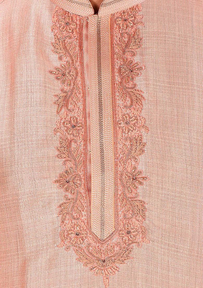 Peach Resham Work Royal Silk Mulberry Kurta Pyjama Set For Men