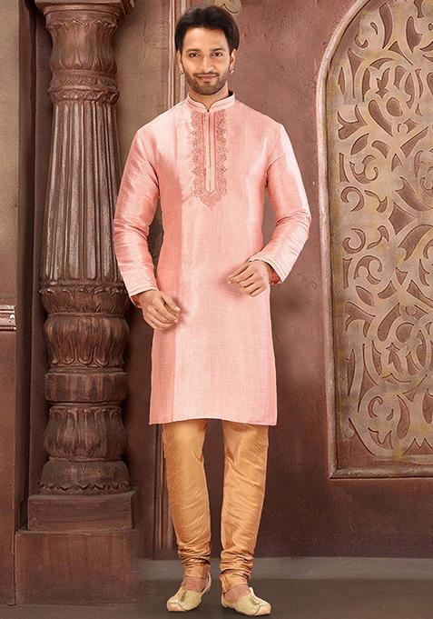 Peach Resham Work Royal Silk Mulberry Kurta Pyjama Set For Men