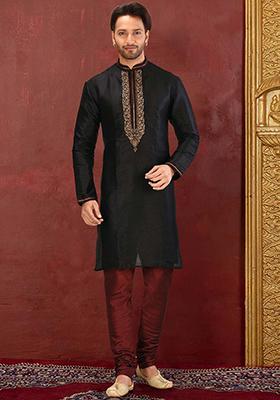 Black Resham Work Royal Silk Mulberry Kurta Pyjama Set For Men
