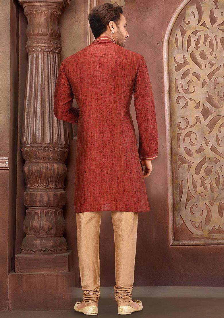 Red Resham Work Jamawar Kurta Pyjama Set For Men