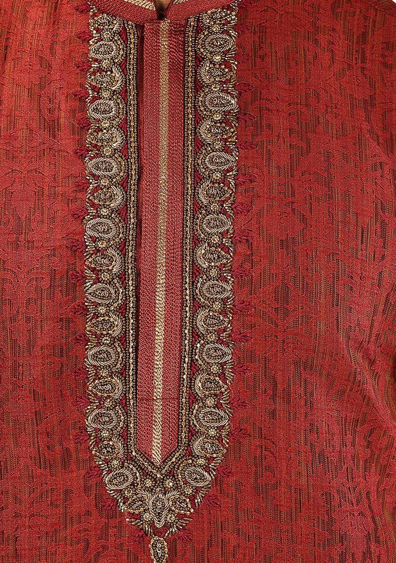 Red Resham Work Jamawar Kurta Pyjama Set For Men