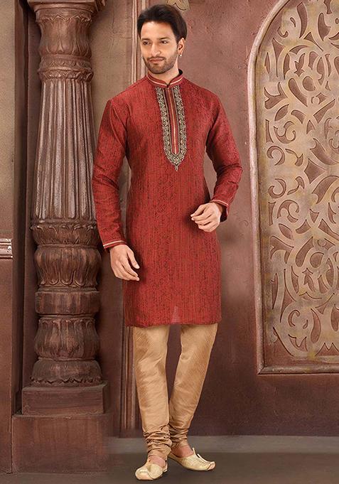 Red Resham Work Jamawar Kurta Pyjama Set For Men