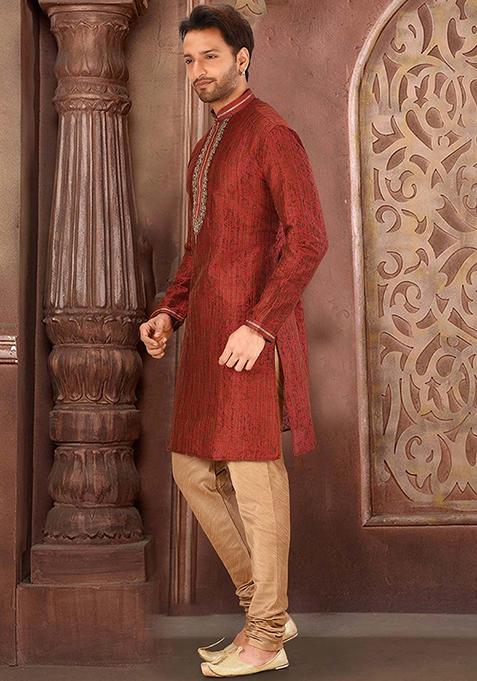 Red Resham Work Jamawar Kurta Pyjama Set For Men