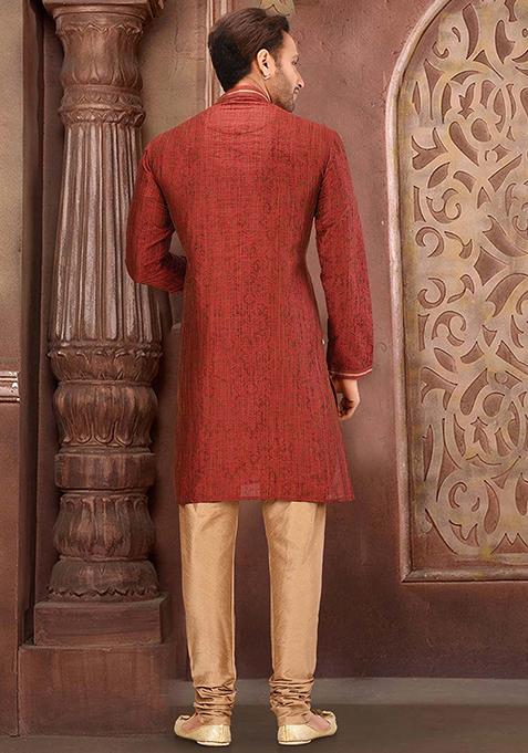 Red Resham Work Jamawar Kurta Pyjama Set For Men