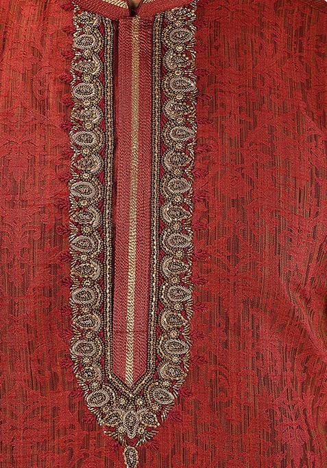 Red Resham Work Jamawar Kurta Pyjama Set For Men