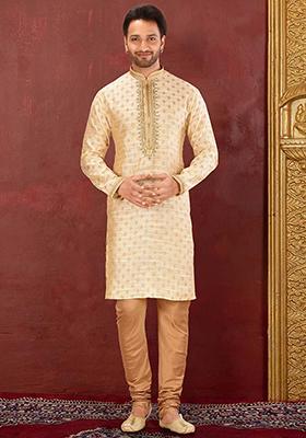 Yellow Resham Work Linen Kurta Pyjama Set For Men