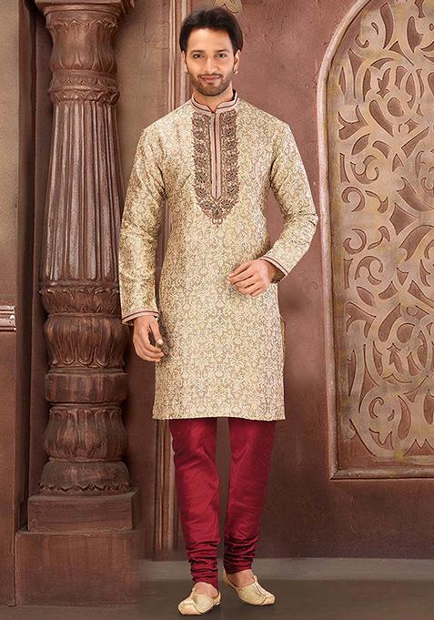 Beige Resham Work Jamawar Kurta Pyjama Set For Men — view on Indya
